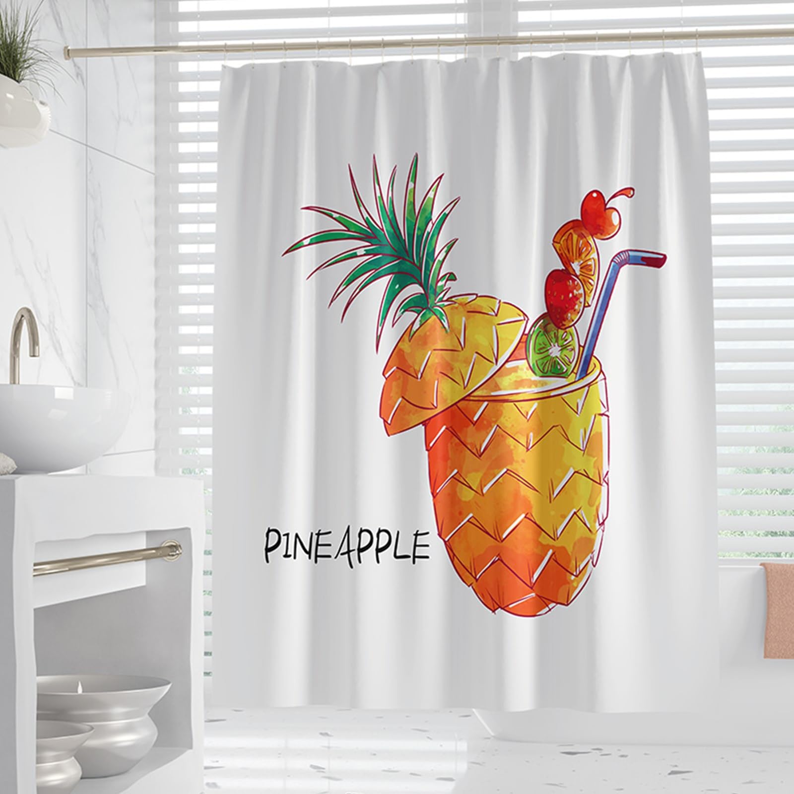 Tenda per Doccia Antimuffa 120 x 200 cm Orlo Ponderato, Personalizzabile, Impermeabile, con Ganci Tenda della Vasca da Bagno Tenda Doccia Foglie Verdi, Ananas
