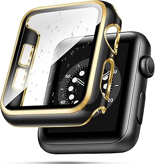 جراب حماية لساعة آبل مع شاشة حماية مدمجة من الزجاج المقوى، جراب من البولي كربونات لسلسلة اي ووتش 9/8/7/SE الجيل الثاني SE 6 5 4/3 2 للاختيار من بينها (لون أسود وذهبي، مقاس 41 ملم)