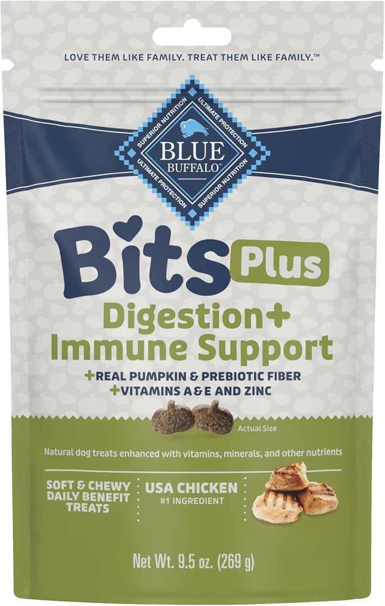 Blue Buffalo Bits Plus Chicken Dog Treats, 9.5 oz | Digestion Support, Real Pumpkin & Prebiotic Fiber, Vitamin A, E & Zinc for Immune Support