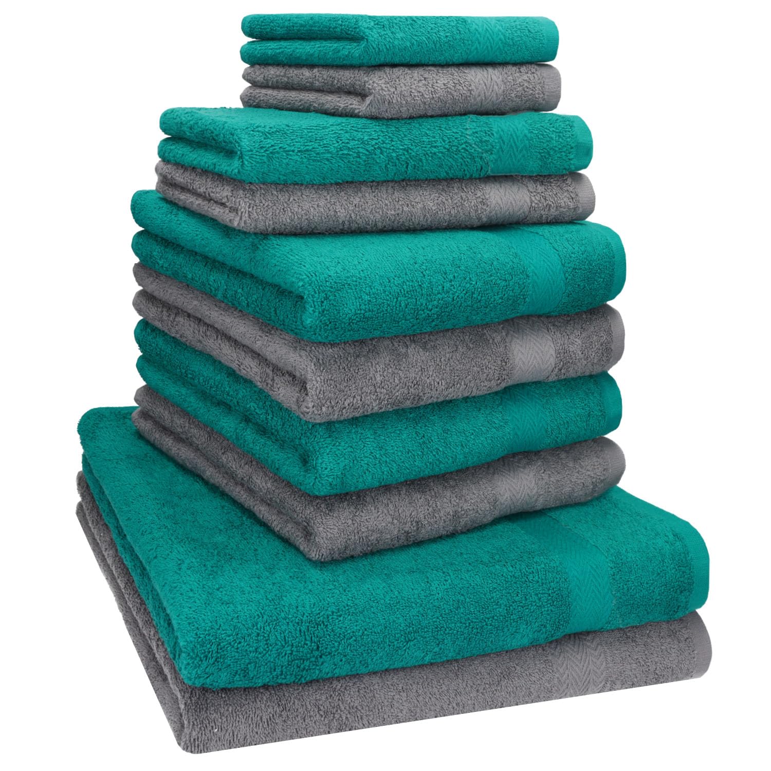 Betz Juego de 10 Toallas Classic 100% algodón 2 Toallas de baño 4 Toallas de Lavabo 2 Toallas de tocador 2 Toallas faciales Verde Esmeralda y Gris Antracita