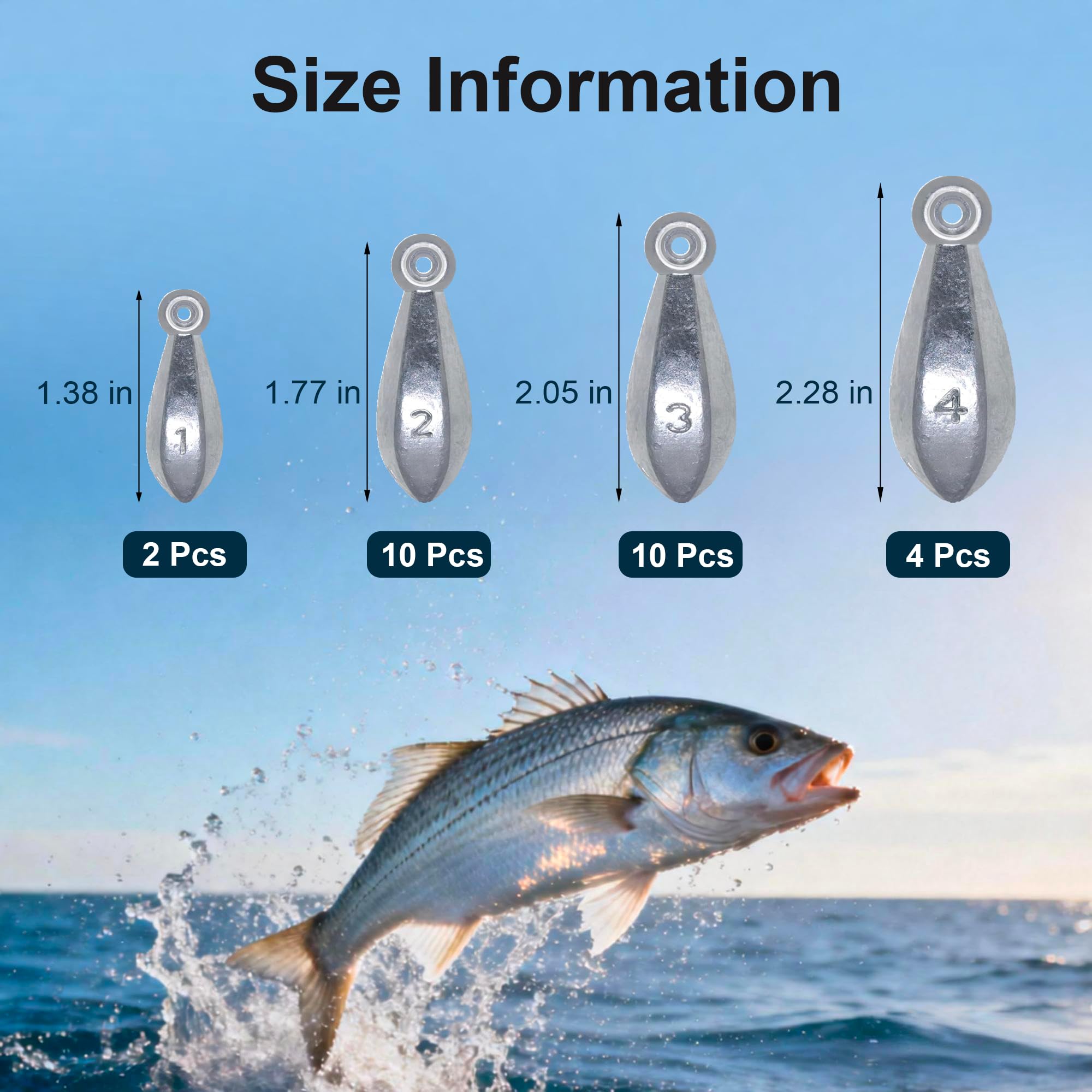 Plomo de pesca, pesas de pesca inferiores, plata, forma de lágrima, 22 piezas, varios tamaños