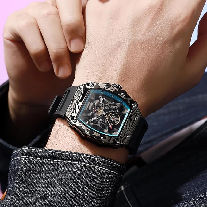 Innovative Black Hollow Skeleton Men's Automatic Mechanical Watch Carbon Fiber Alloy Case Tourbillon Wristwatch Luminous Silicone Strap Waterproof Business Watches