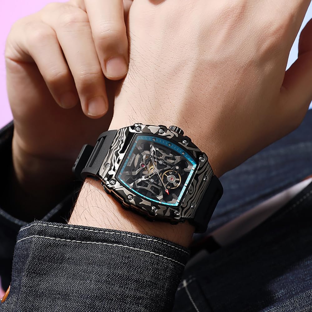 Innovative schwarze hohle Skelett-Herrenuhr, automatisch, mechanisch, Gehäuse aus Kohlefaser, Gehäuse aus Legierung, Tourbillon-Armbanduhr, leuchtendes Silikonband, wasserdicht