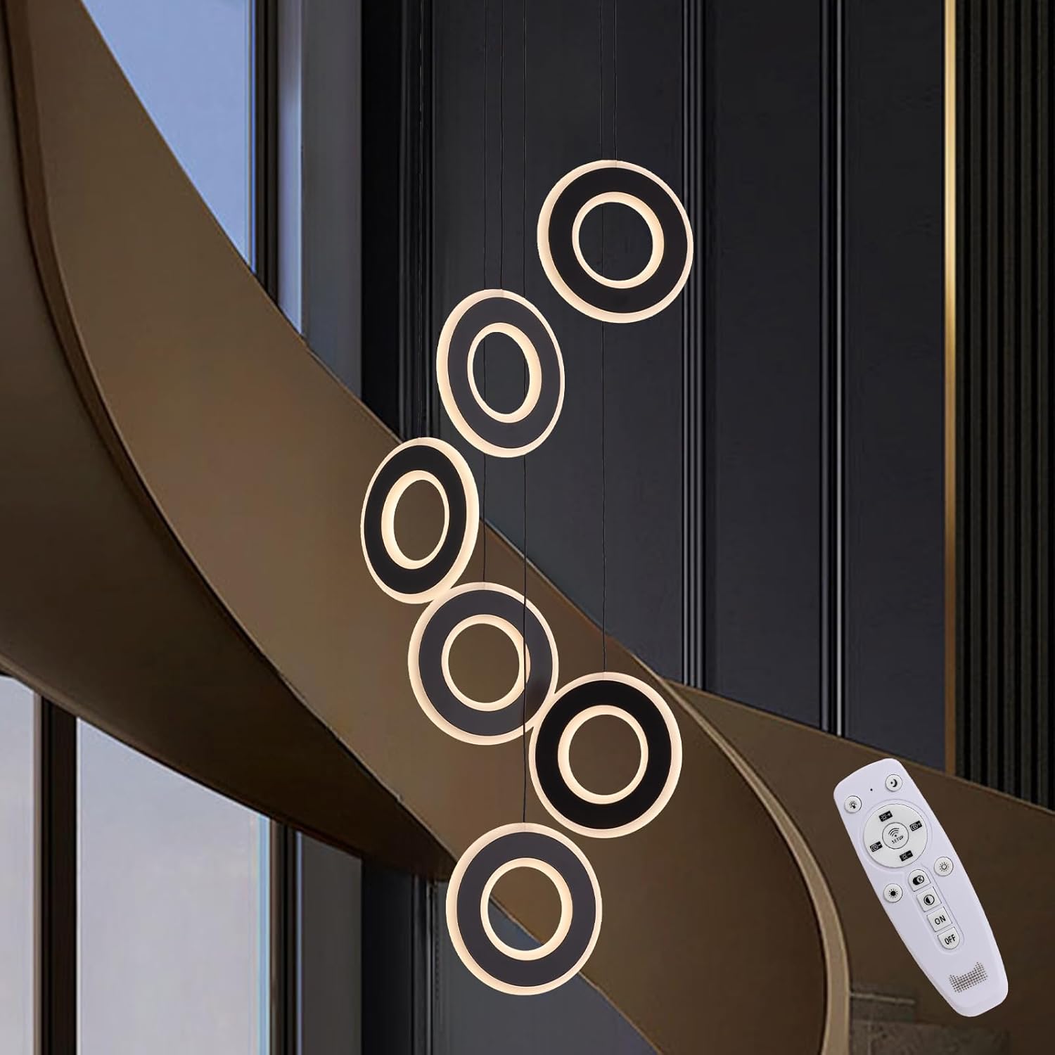 Photo 1 of 12 Rings Modern Acrylic LED Chandeliers for Staircase,Black High Ceiling Chandelier Foyer,Ring Light with Remote for Entryway Living Room Dining Room(127in,3000K-6500K)