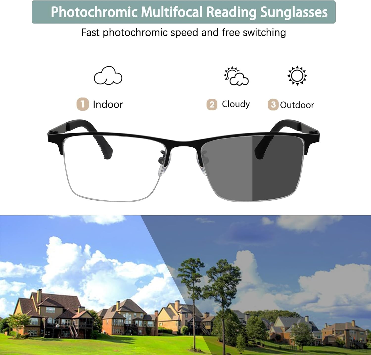 Photochromic Progressive Multifocus Reading Glasses Transition Sunglasses UV Readers Blue Light Blocking Multifocal 2.5x - Image 3