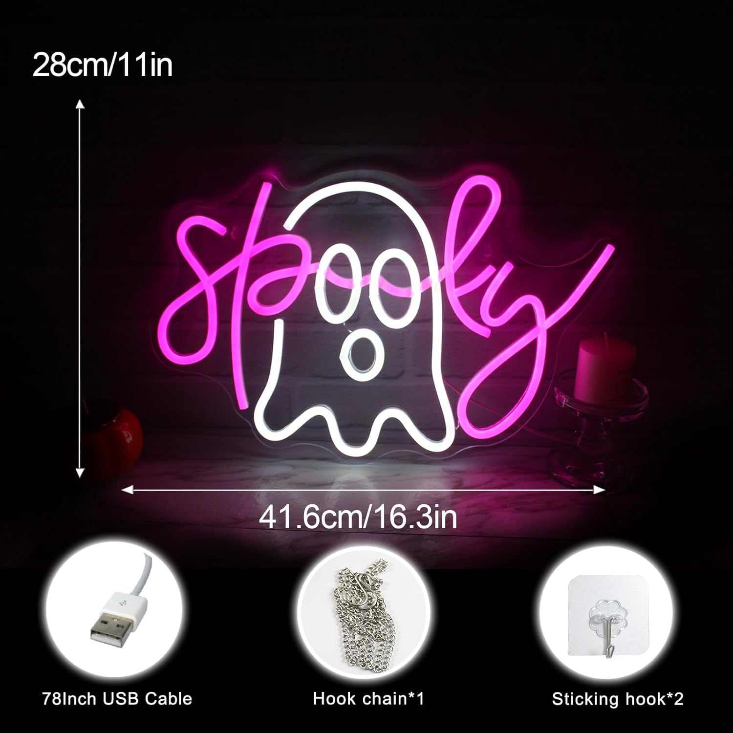 Señal de neón espeluznante Boo, letrero de luz LED rosa, lindo letrero ...