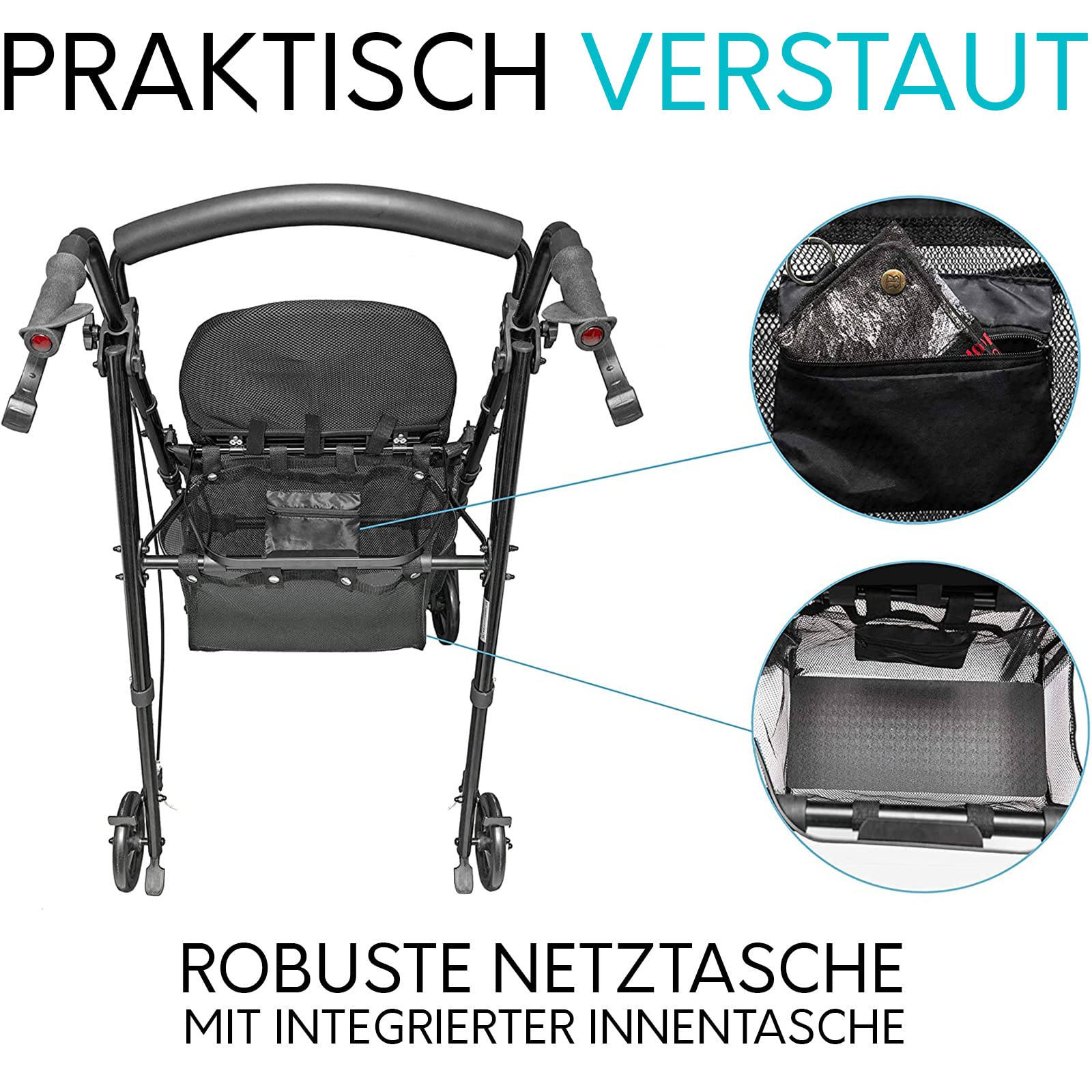 Indoor Rollator IR10+ Schwarz - schmaler Wohnungsrollator leicht & faltbar | kompaktes Leichtgewicht - Sitz & Griff höhenverstellbar - Gehilfe Gehwagen für Senioren mit Rückengurt Netztasche Tablett