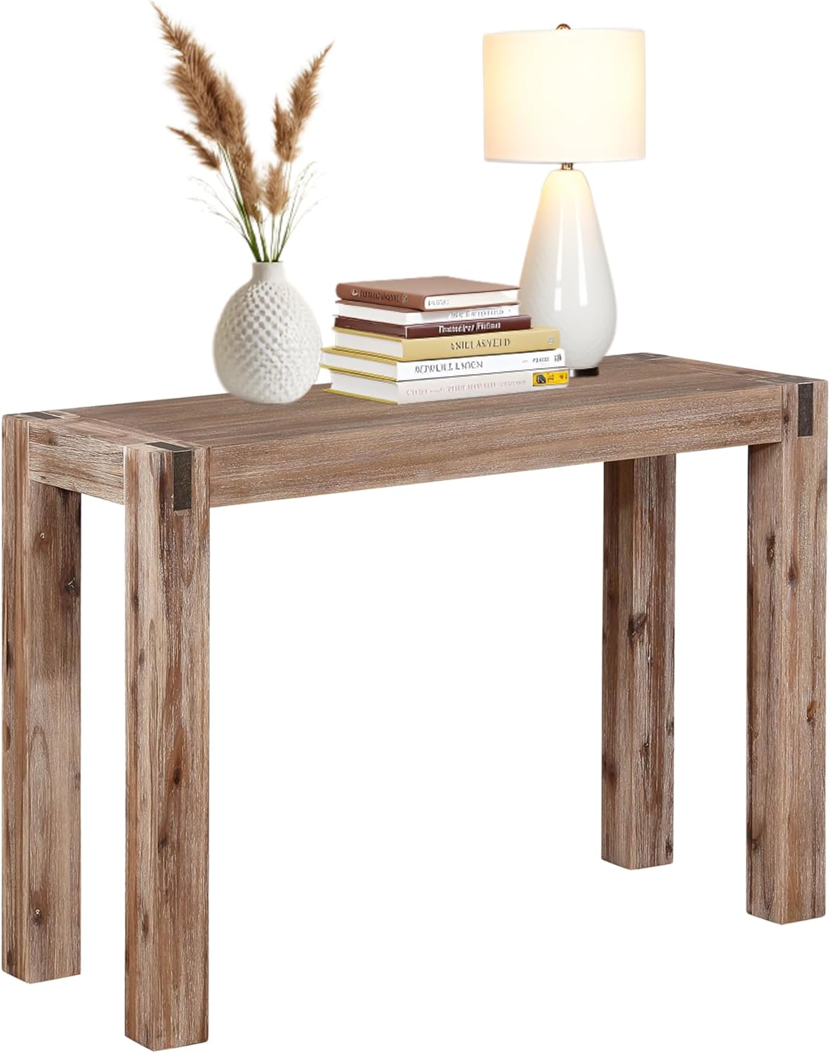 Alaterre Furniture Woodstock 40-Inch Console Table – Modern Farmhouse Entryway Table with Solid Acacia Wood Legs and Bronze Metal Corner Inset – Accent Table for Hallway or Living Room (Driftwood)