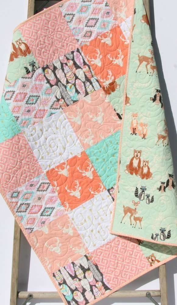Baby Girl Quilt Woodland Animals Aztec Deer Bucks Bear Feathers Tribal Pastel Shabby Chic Crib Bedding Nursery Coral Pink Mint Green Gold