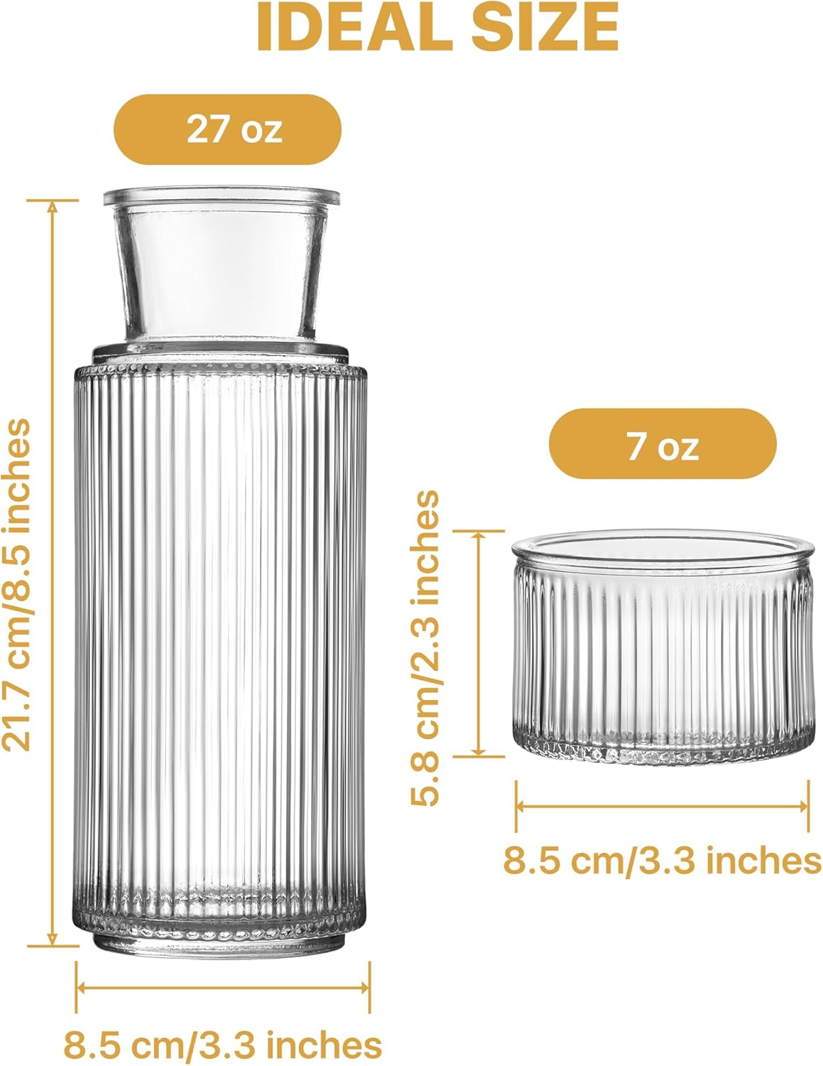 Bedside Water Carafe and Glass Set, Classic Vertical-Striped 27oz Glass Carafe with 7.1oz Tumbler Lid, Nightstand Water Pitcher, Bathroom Mouthwash Dispenser, Elegant Gift for Home & Office - Image 5