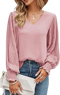 Womens Tops Pleated Lantern Sleeve V-Neck Shirts Elegant Solid Color Loose Fit Casual Chiffon Blouse