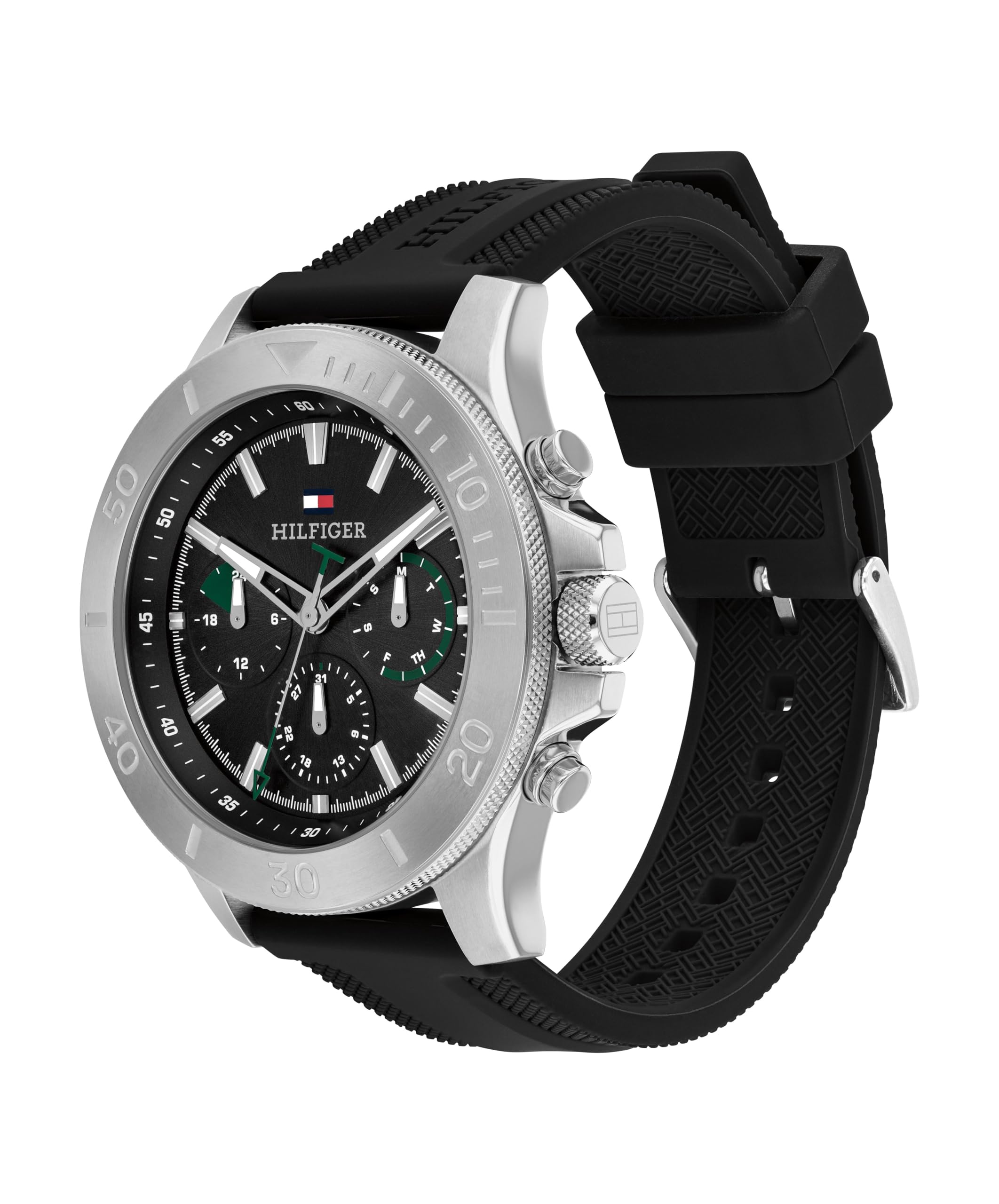 Tommy Hilfiger Mens Multifuction Stainless Steel & Black Silicone Strap Watch (B0D5YN8H9N) Amazon Price History, Amazon Price Tracker