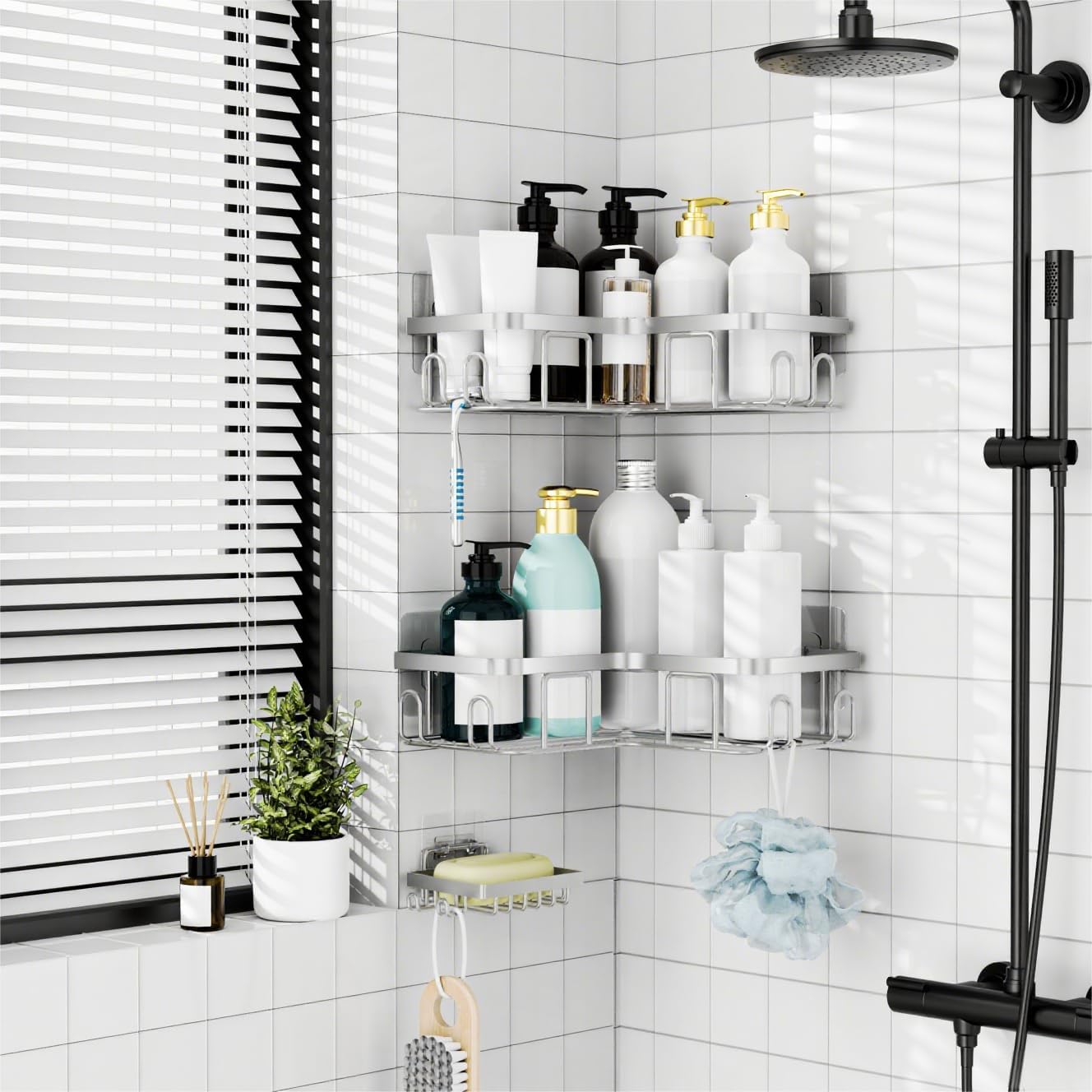 Moforoco Corner Shower Caddy Shelf Organizer Rack, Self Adhesive Black Bathroom Shelves Basket, Home Shower Inside Organization and Storage Decor Rv Accessories, First Apartment Essentials（Silver） image 5