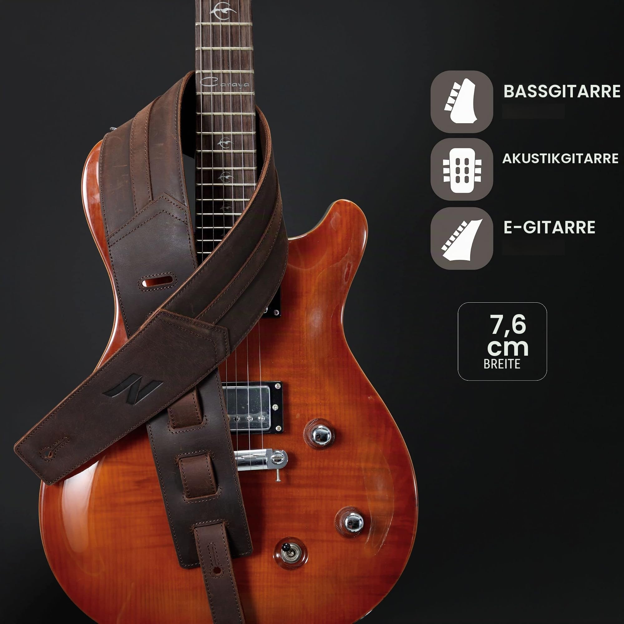 Nefelibata 3" Gitarrengurt, Vollnarbenleder, mit Schaumstoffpolsterung und Kabelaufbewahrungsschlaufe, für Bass, elektrische und akustische Gitarren（Dunkelbraun）