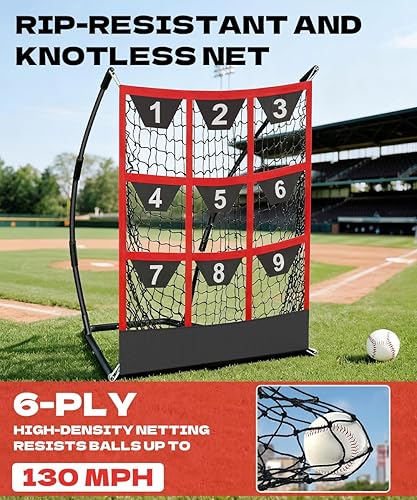 Miniatura 4 de Queension Red de lanzamiento objetivo de 9 agujeros con zona de golpeo  Red de bateo de béisbol con bolsillos objetivo, red de lanzamiento con
