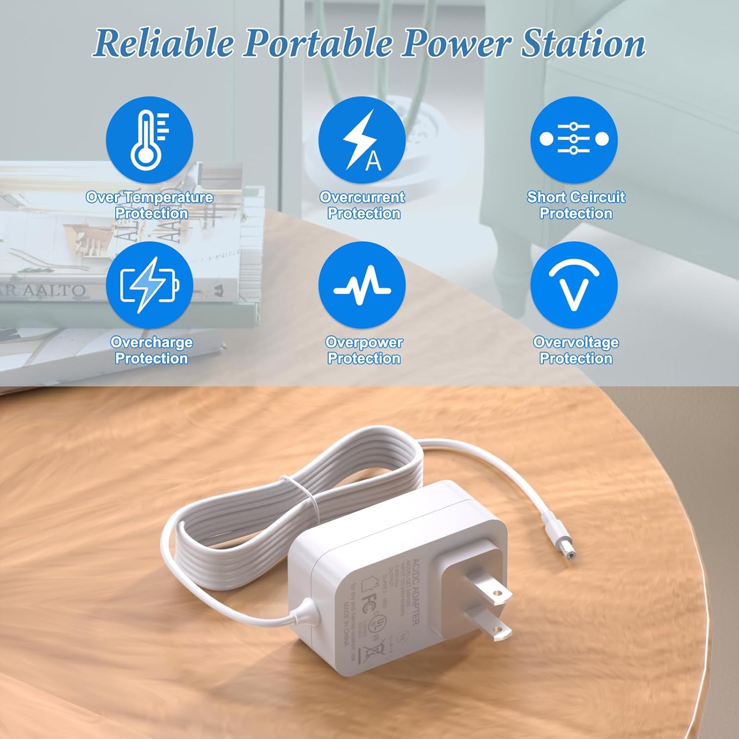 A white power adapter plugged into a wall outlet, with its cord extending to a white PETKIT self-cleaning cat litter box, providing power.