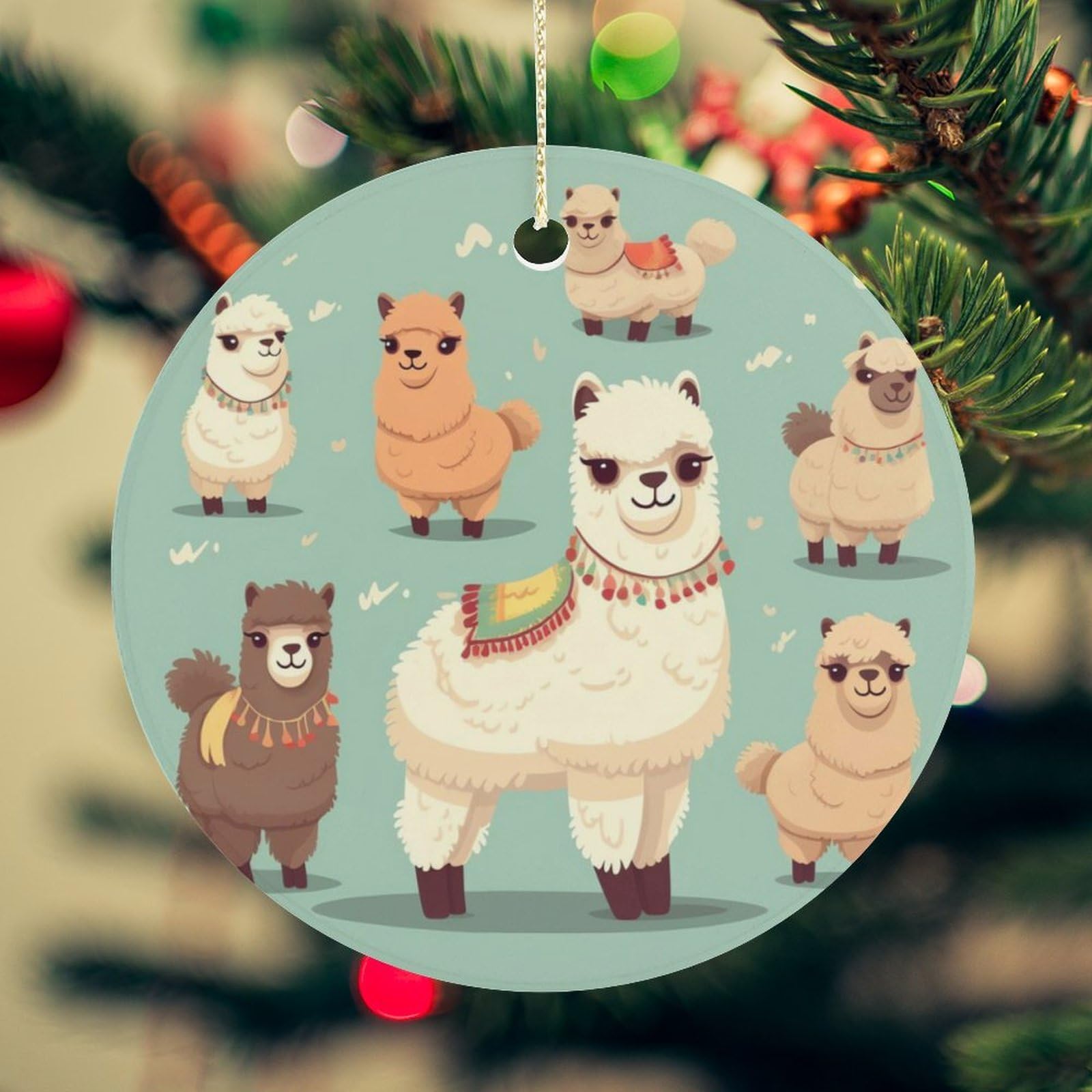 Alpacas Christmas Ornament for Christmas Tree Ceramic Round Ornament Winter Holiday Keepsake Gift 2.7" Christmas Tree Hanging Decorations Circle Ceramic Pendant Xmas Gift