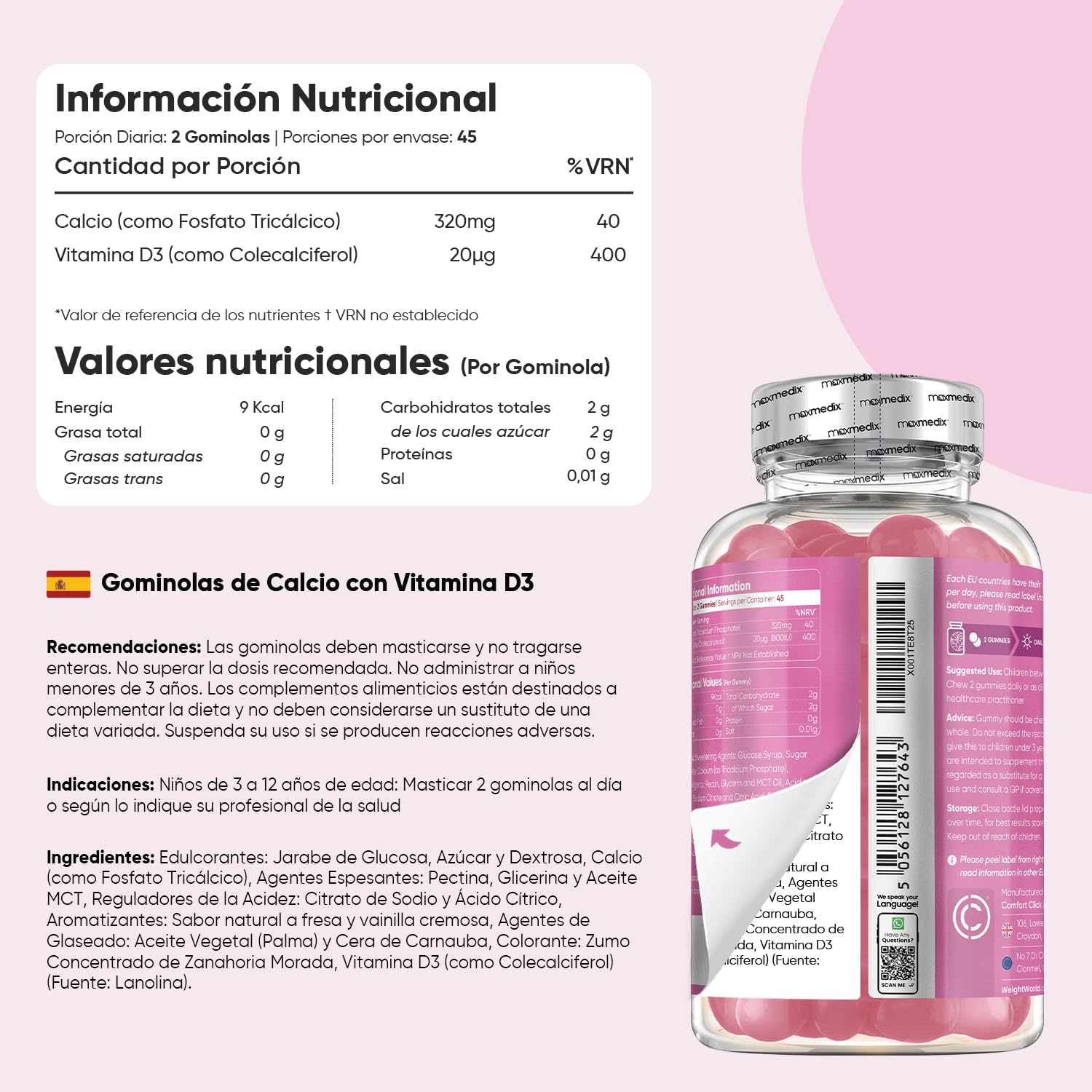Con Omega 3-6-9, Hierro con Vitamina C y Calcio con Vitamina D3 - Pack de Gominolas Masticables - Sin Gluten ni OGM