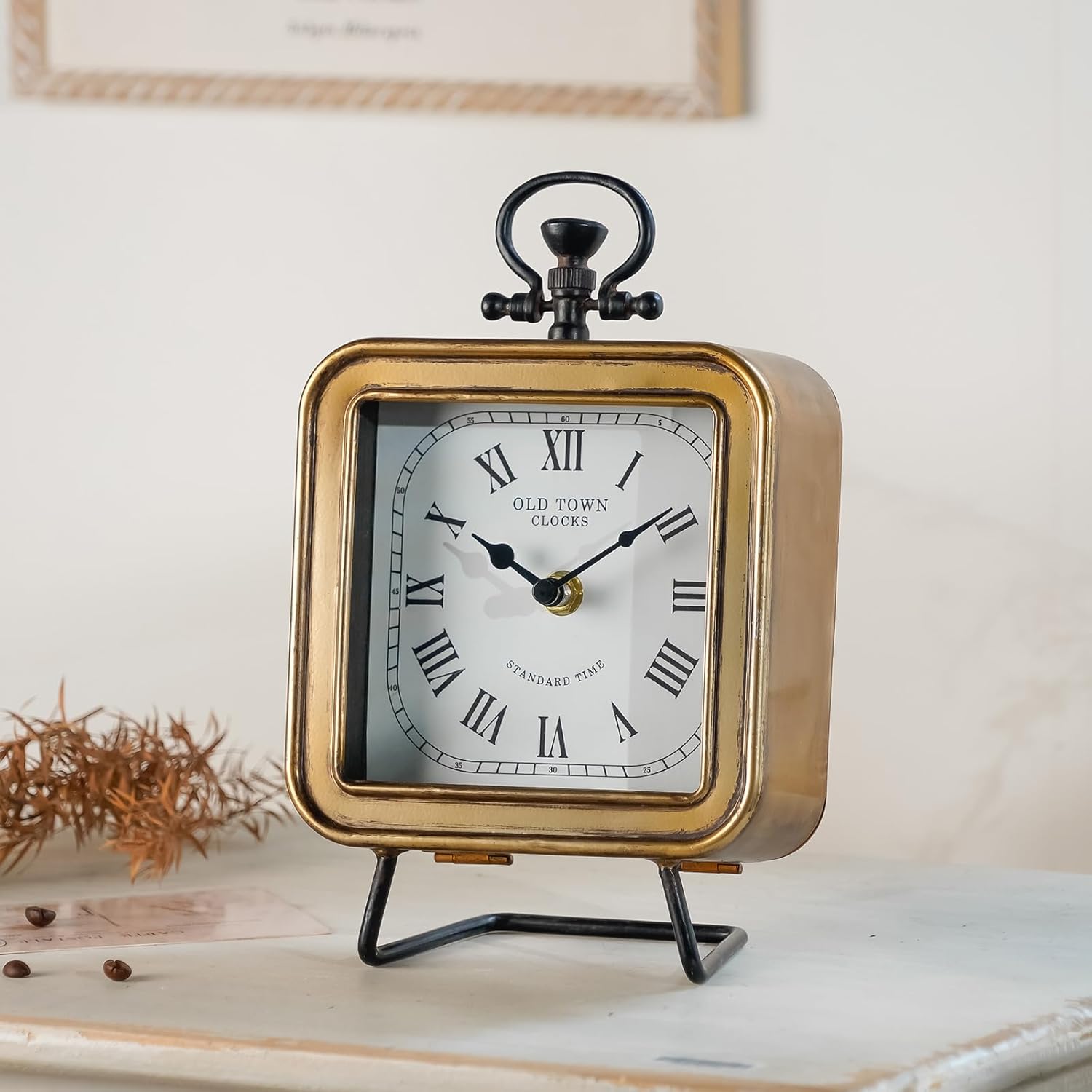 NIKKY HOME Vintage Silent Non-Ticking Table Clock with Handle, Shelf Desk Top Clock Battery Operated, Retro Home Decor for Living Room Mantel Desktop Countertop, Antique Gold