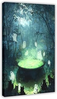 UZWGG 1pcs Framed Wall Art Dreamy Forest Black Cat Oil Painting Witch Crucible Green Gas Evaporation Canvas Wall Decor Halloween Evil Ghost Poster Party Decor Wrapped Canvas 24x36inch(60x90cm)