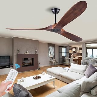 52” Wood Ceiling Fan Without Light, Low Profile Ceiling Fan with Remote Control Indoor Outdoor with 3 Blade for Patio, Bedroom, Living Room, Dining Room, Study room（Deep Walnut Blades