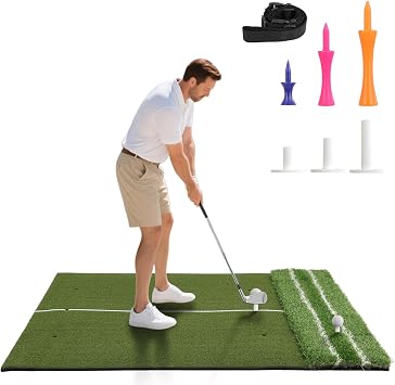 Real Feel Golf Hitting Mat, Large Double Turf5x4ft, Golf Indoor and Outdoor Practice Mat with Sight Line and Approach Angle Aid, for Swing, Chipping, Putting