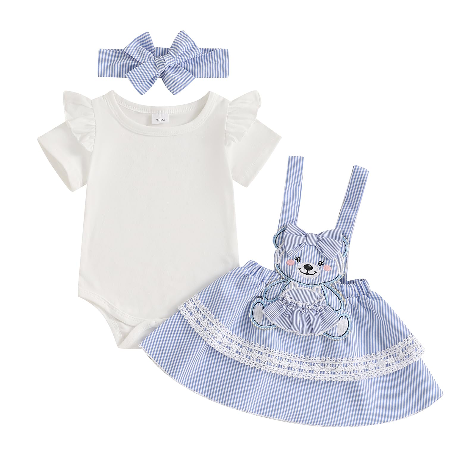 Newborn Baby Girl Ruffle Romper Bear Suspender Skirt Set Overall Dress Headband 3Pcs Summer Clothes Set (White, 6-9 Months)