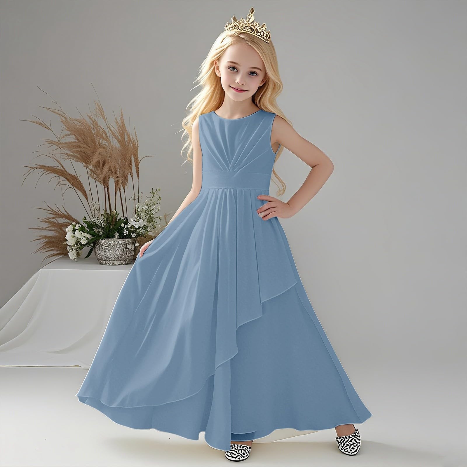 Vestidos de niña Elegantes sin Mangas con Cuello Redondo para Fiesta, actuaciones, Bodas y Eventos al Aire Libre, Punto piqué, Bordado Suave, Ideal Vacaciones/g