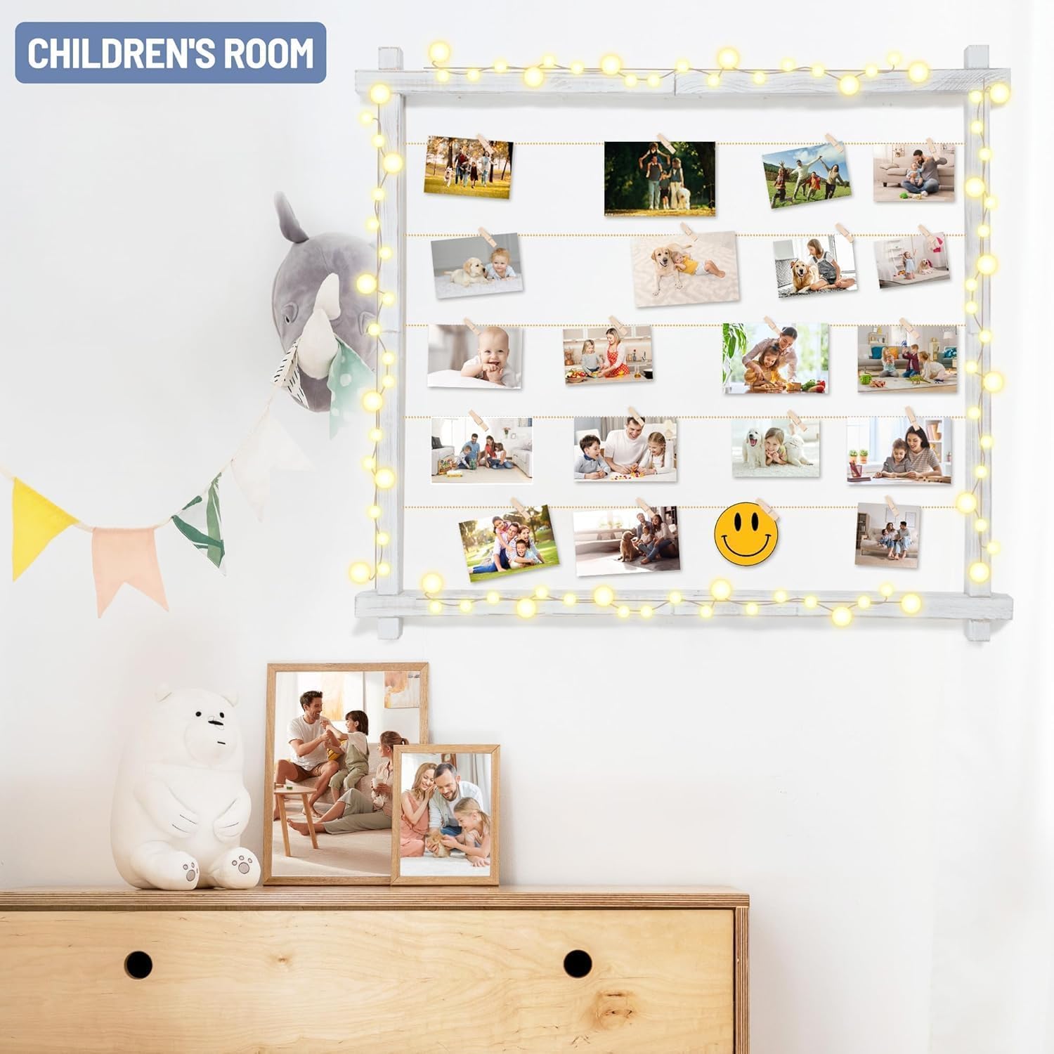 Photo Display Board With Clips,Picture Frame Collage for Wall Decor,Hanging Pictures Organizer Holder Wood for Graduation Party Letter Postcard Greeting Card,Pine,Adjustable Metal Bead String,Large