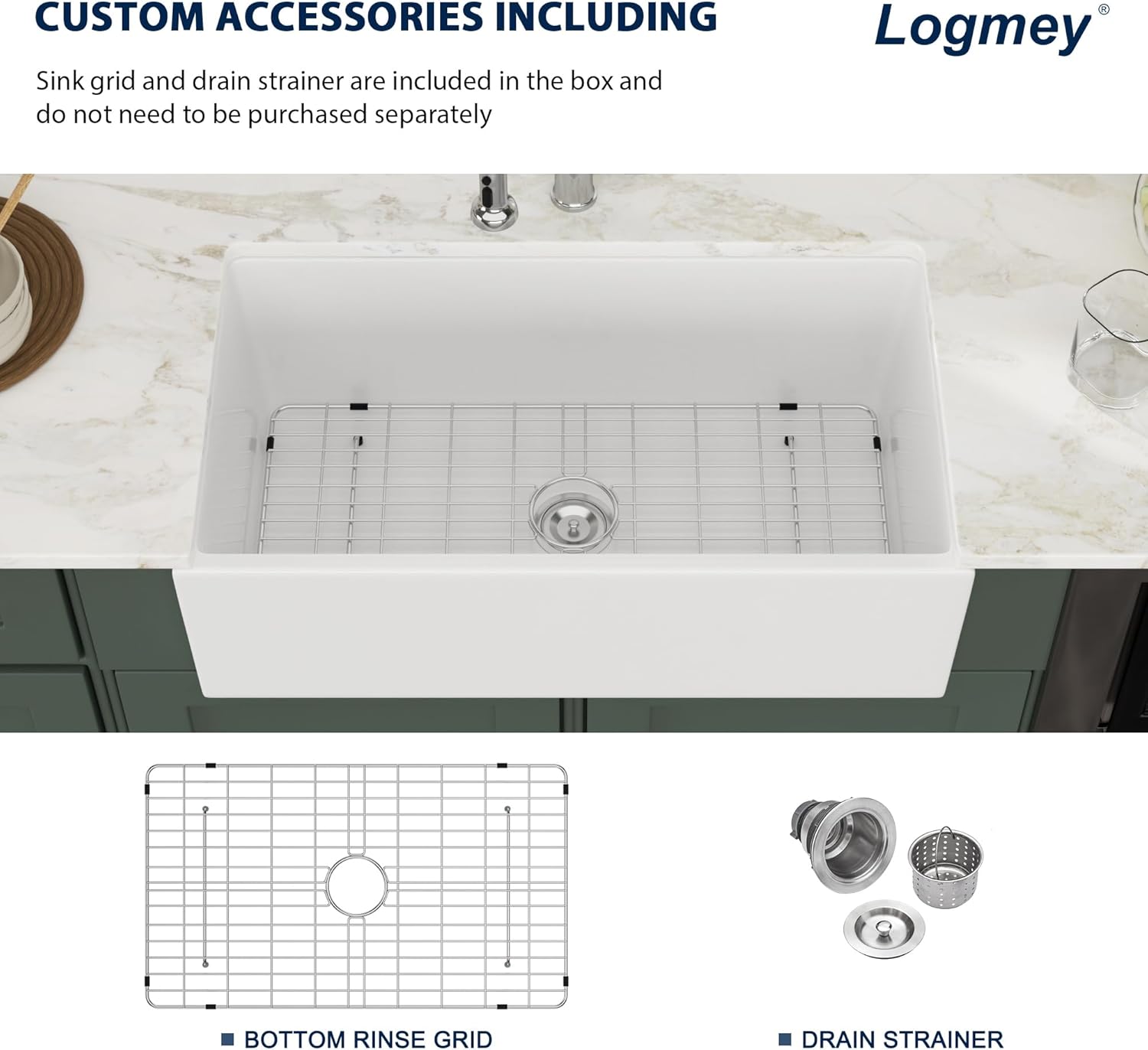 Logmey 36 Inch Farmhouse Sink 36x20 White Undermount Farm Kitchen Sinks Fireclay Ceramic Porcelain Sink Kitchen Sink Single Bowl Apron Front 36x20x9