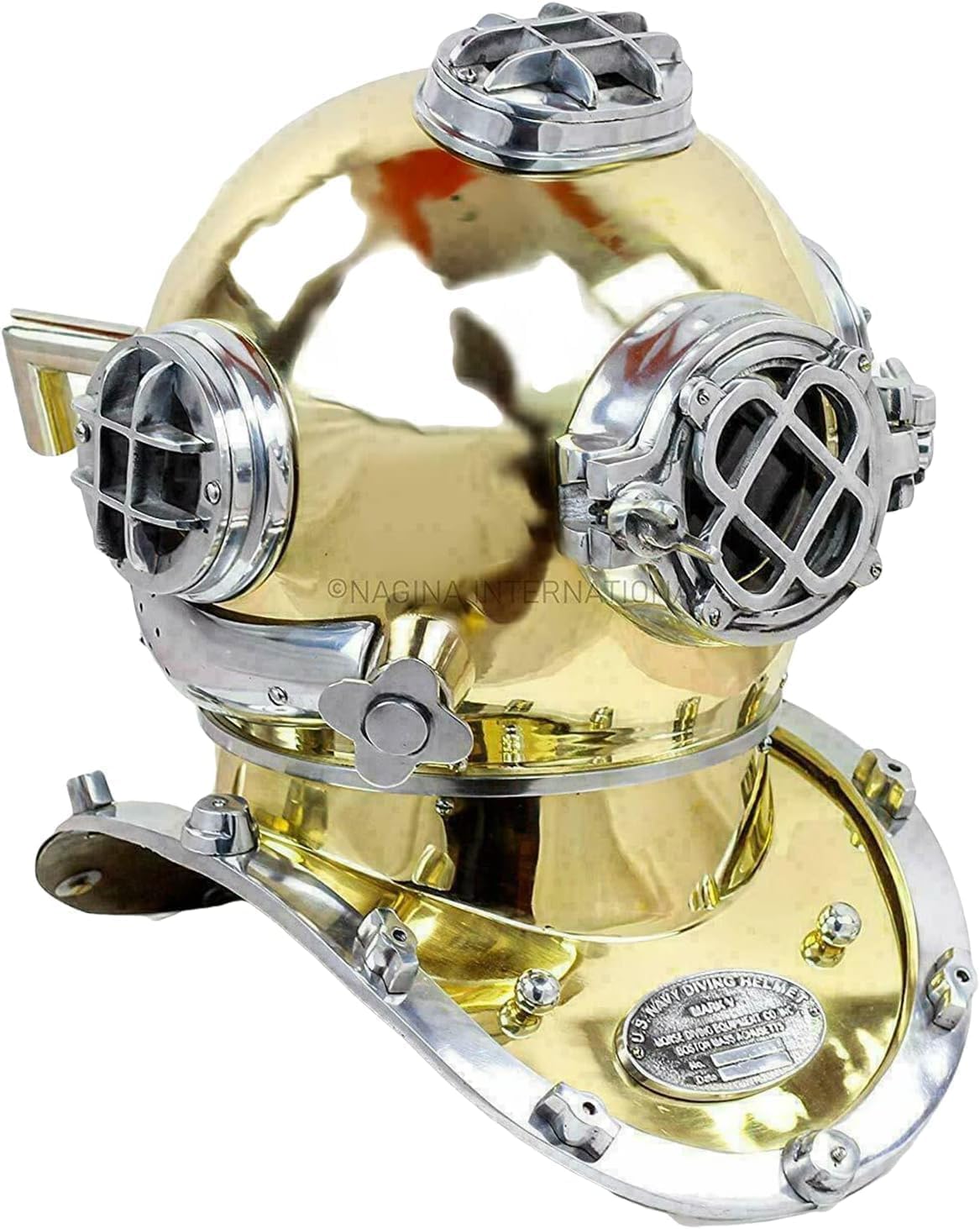 Generic Maritime Scuba Replica Shiny Brass & Silver Diving Helmet Authentic Vintage Style Standard Collectible for Home Décor Maritime Enthusiasts and Diving History Buffs, Large