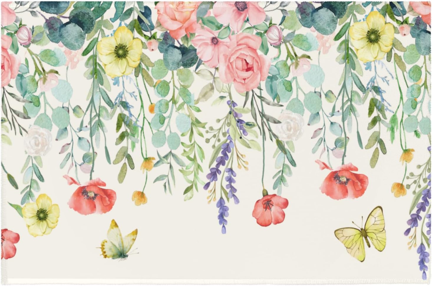 Spring Area Rug 2'x3' Floral Butterfly Entry Rug Flower Sage Green Eucalyptus Leaves Non Slip Kitchen Mat Low Pile Washable Carpet for Entrance Kitchen Bathroom