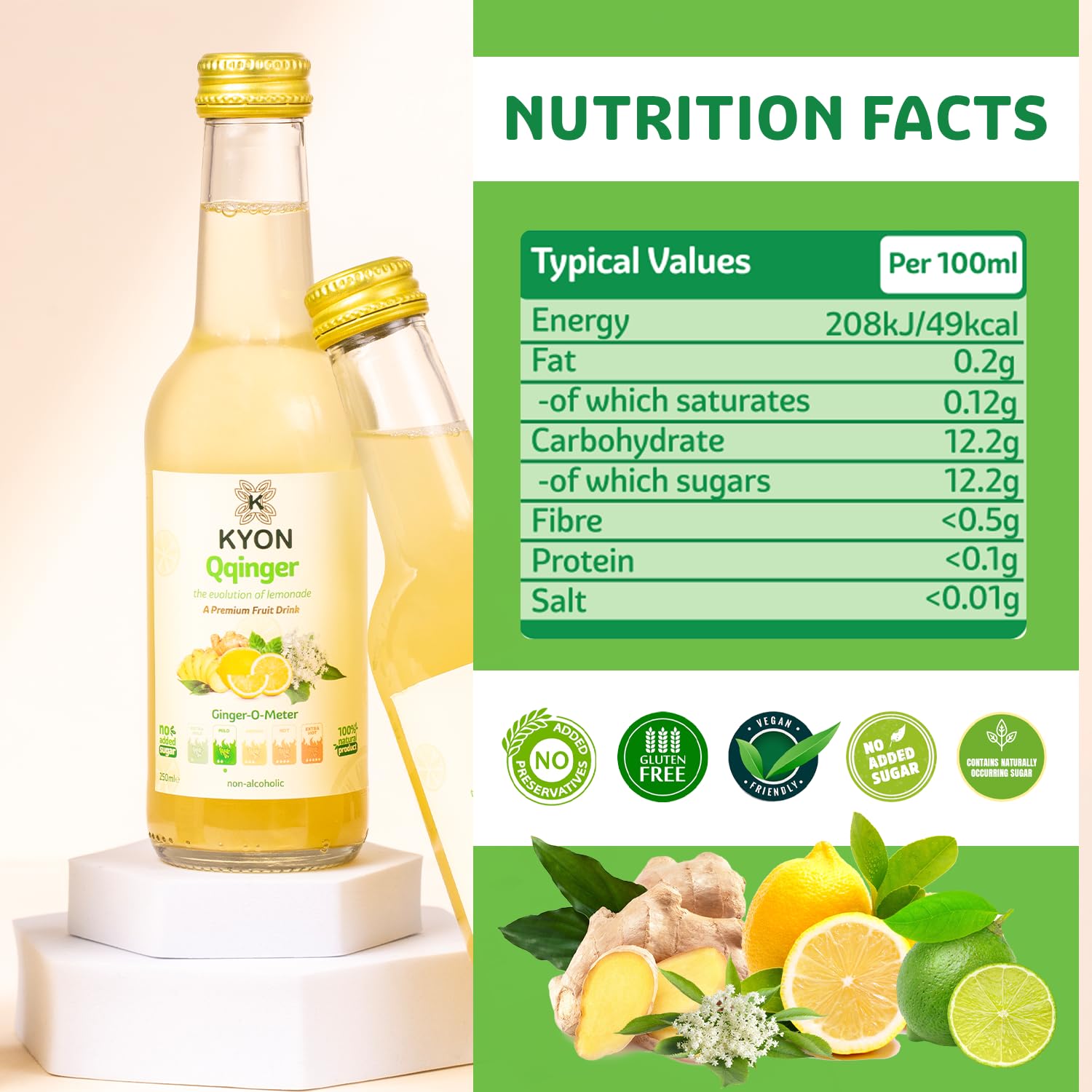 Bebida Kyon Qqinger – 250 ml de zumo de jengibre con limón, lima y flor de saúco. Refrescante y sin alcohol. Disponible en paquetes de 24. (250ml_24pk, Qqinger)