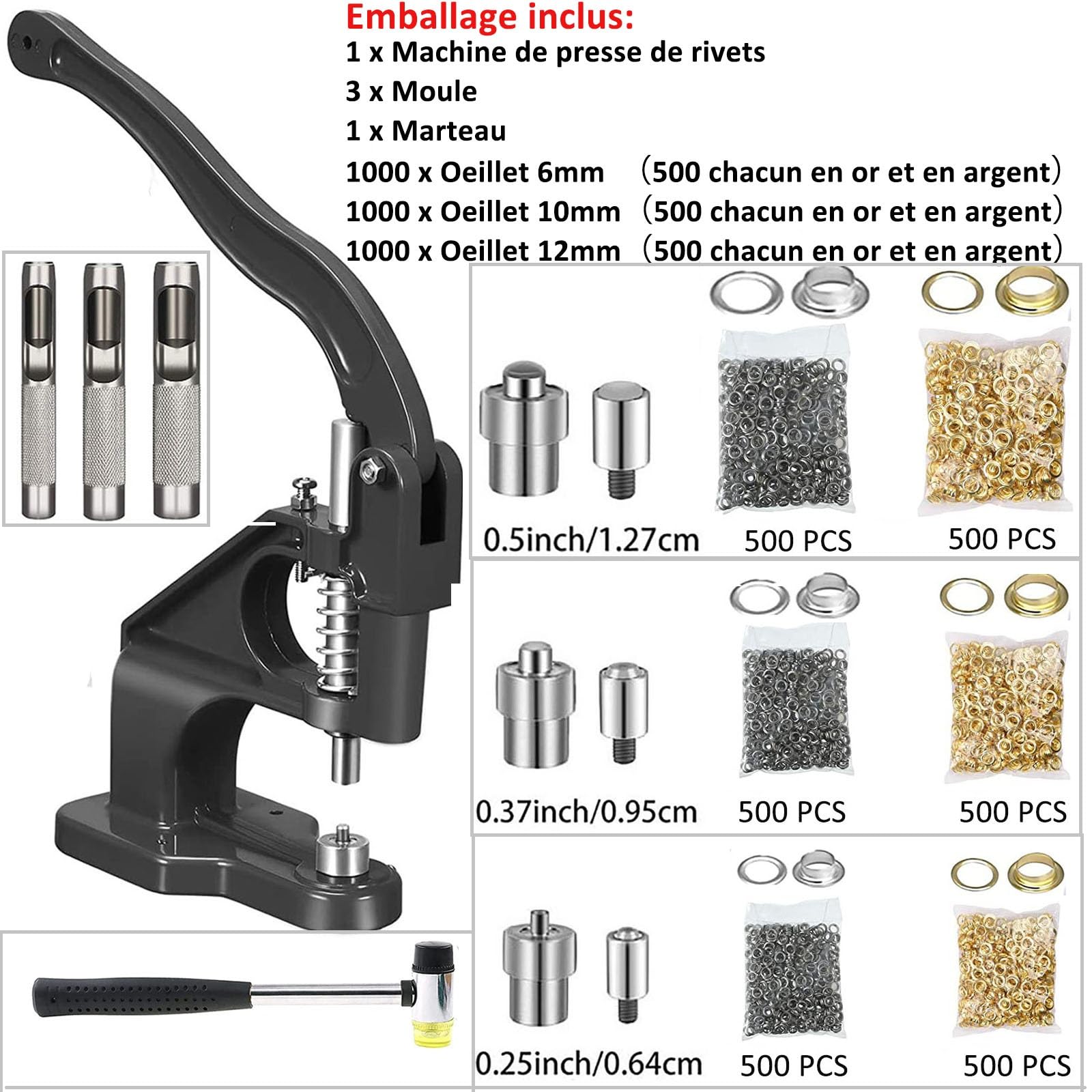 Set di pinze per occhielli professionali con 3 matrici e 3000 occhielli (6 mm, 10 mm, 12 mm), utensili intercambiabili per rivetti, utensili per teloni, vestiti, cinture in pelle, striscioni