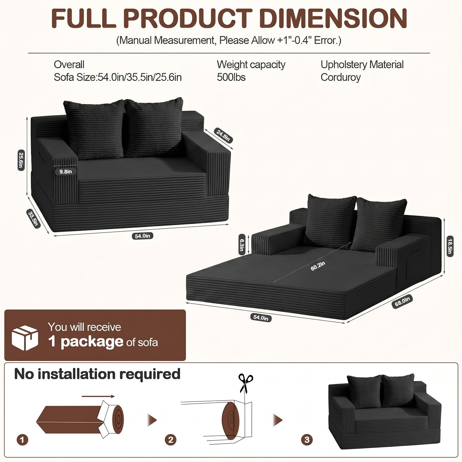 Boneless Loveseat Couch Folding Sofa Bed, Foldable Floor Futon Sleeper Couch Bed - Convertible Sofa Bed, Corduroy Pull Out Sofa Bed with 2 Pillows for Living Room & Bedroom