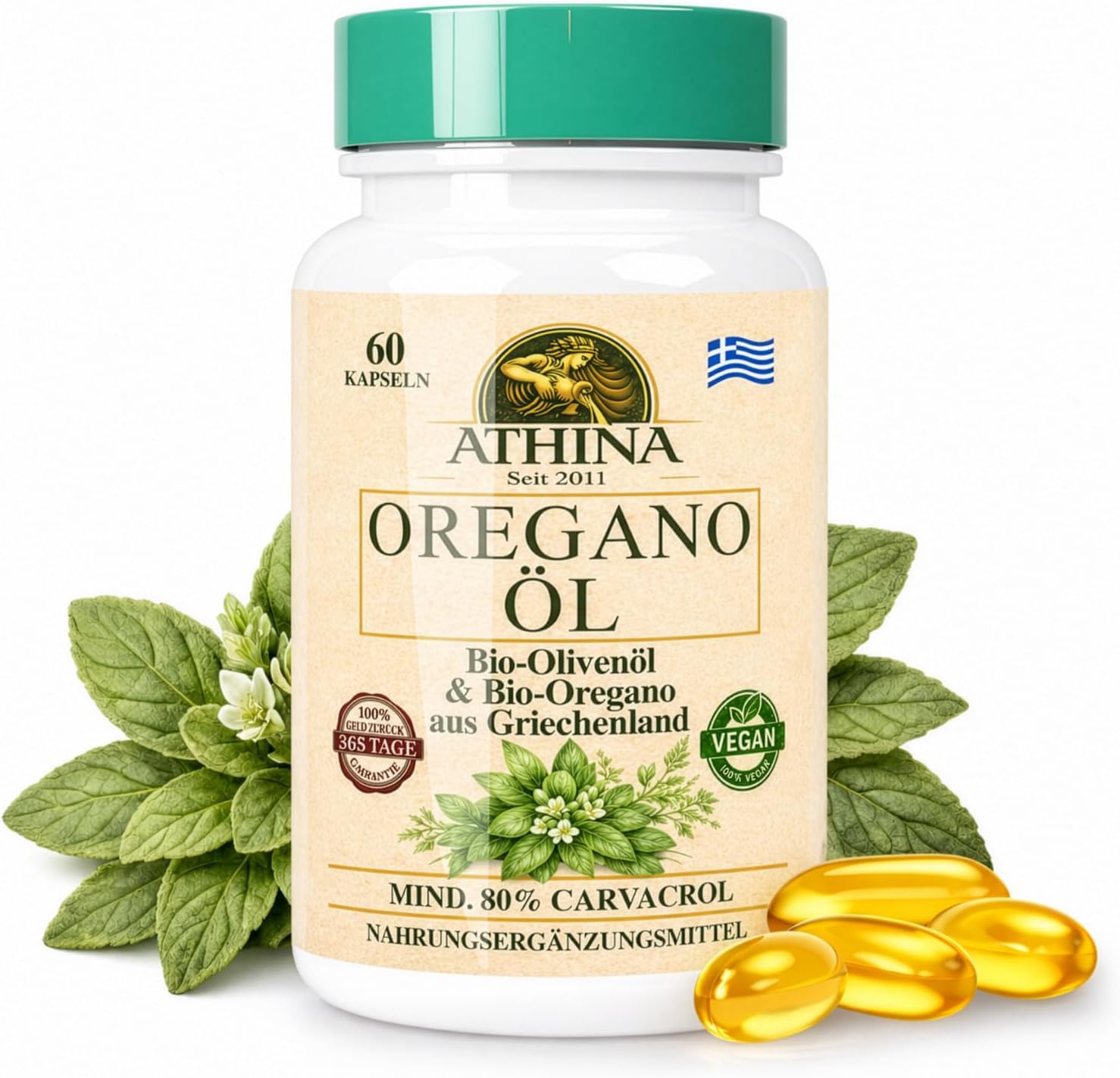 Athina Oregano Oil Vegan Organic 1 x 60 Capsules I 100 mg Athina Wild Mountain Oregano Oil I Origanum Vulgare Hirtum from Greece I 80% Carvacrol I Pure & Natural Ingredients
