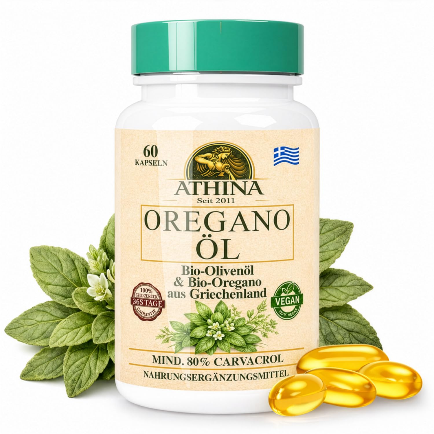 Athina® Oregano Öl Vegan Bio 1 x 60 Kapseln I 100 mg Athina® Wildes Berg Oregano Öl I Origanum vulgare hirtum aus Griechenland I 80% Carvacrol I Reine & natürliche Zutaten