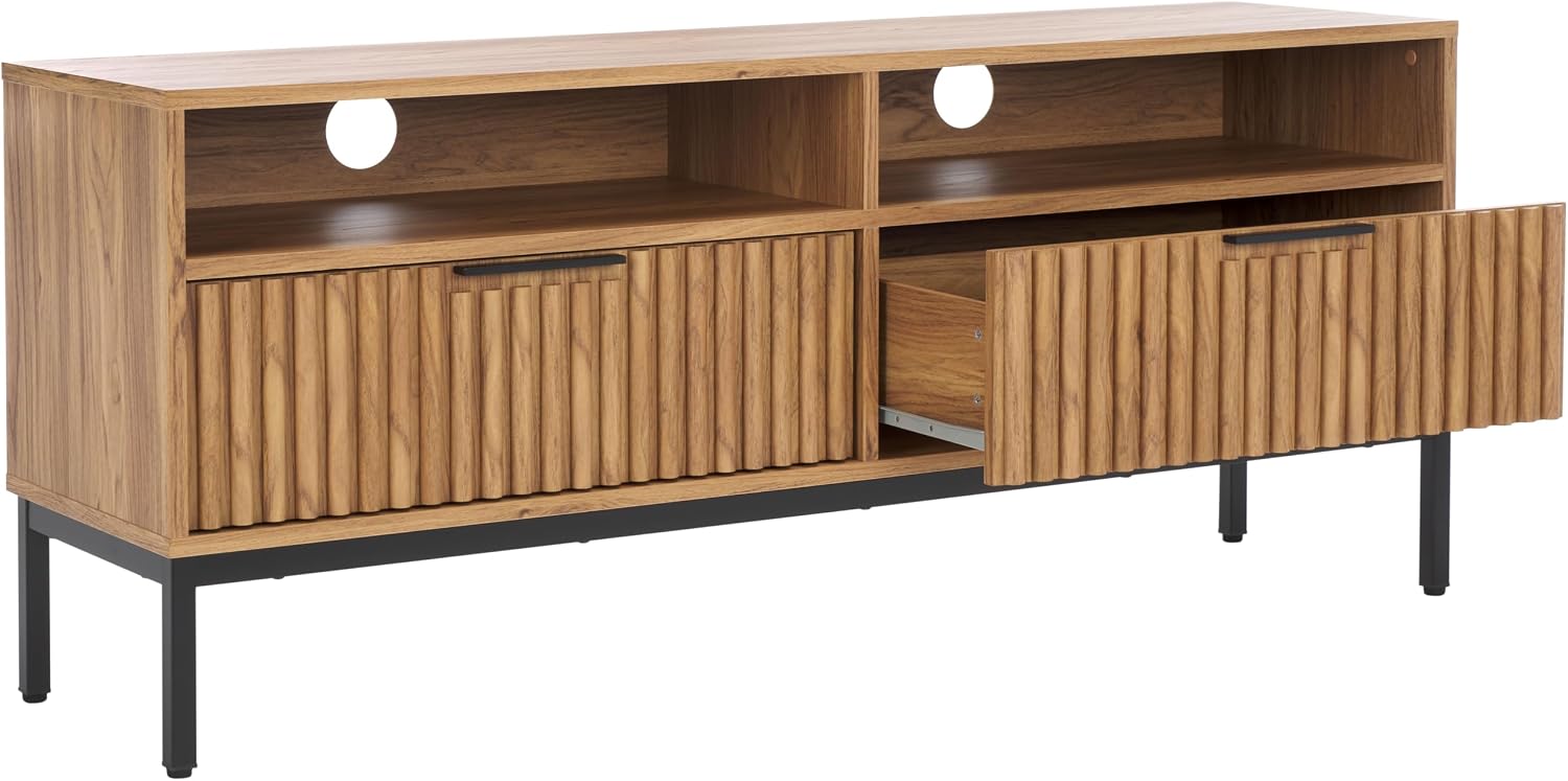 SAFAVIEH Lylia TV Stand for up to 65" Flatscreen – Black & Oak Brown, 2 Drawers, 2 Open Shelves, Entertainment Media Console (MED9622D)
