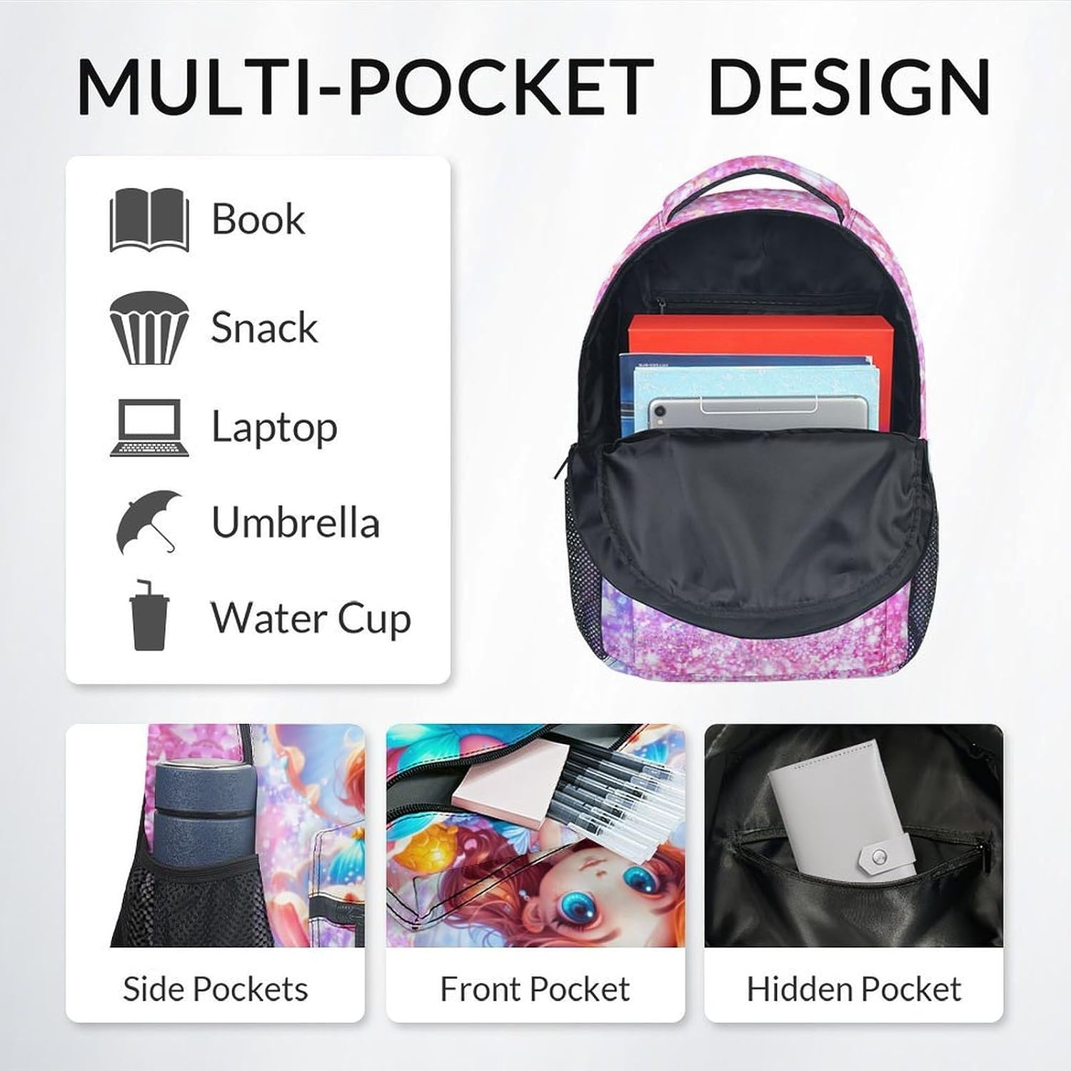 COZYAURA Kids Backpack Mermaid Bookbag for Girls - 17 Inch Lightweight School Bag for Elementary Preschool
