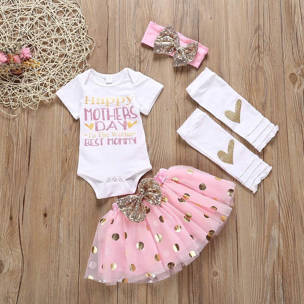 XFGLCK Newborn Infant Baby Girl My 1st Mother's Day Skirt Set Romper+Tutu Pink Dot Skirt+Headband+Legging Warmer 4Pcs