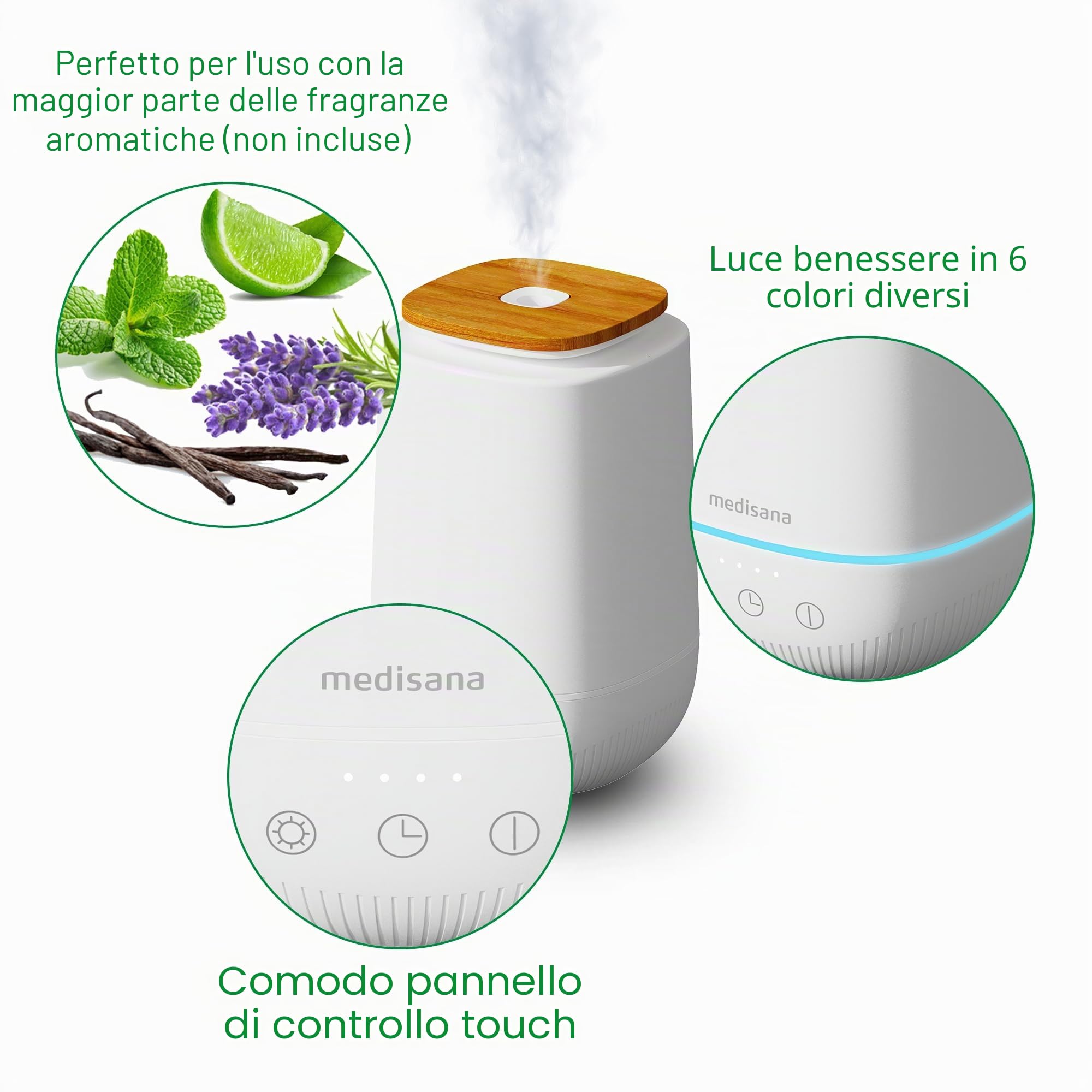 medisana AD 650 diffusore di oli essenziali, umidificatore ambiente | con luce benessere e timer, diffusore profumo ambiente con tecnologia a ultrasuoni per piacevole profumazione dell'ambiente