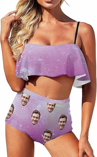Custom Face Photo High Waisted Flounce Bikini Set Swimwear Flowers