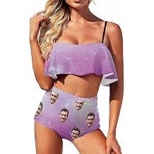 Custom Face Photo High Waisted Flounce Bikini Set Swimwear Flowers