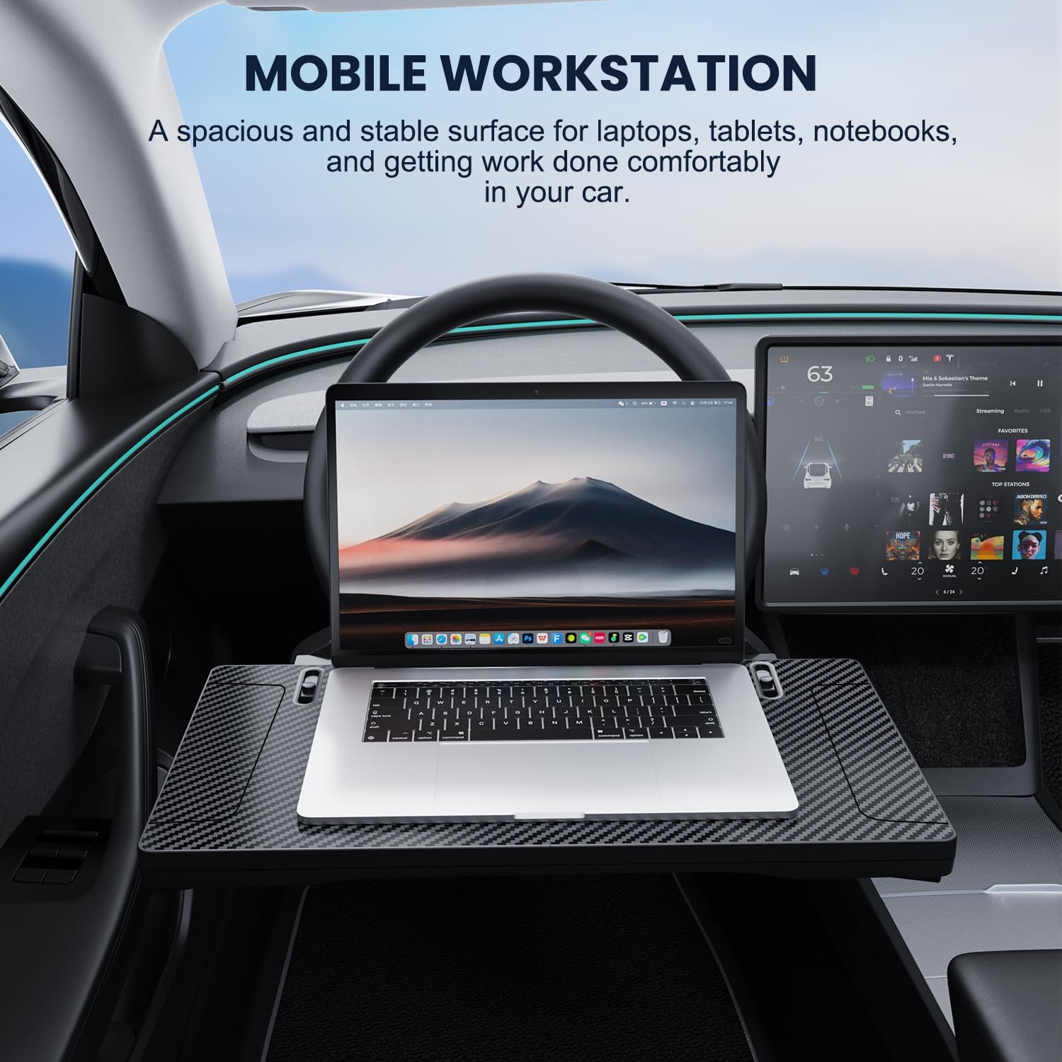 2-in-1 Car Steering Wheel Desk Tray Seat Gap Filler Organizer, Foldable Carbon Fiber Laptop Table for Eating, Writing, Fits Standard Round Steering Wheel, Tesla Y 3,Sedan, SUV, MPV, NOT for RV, Truck