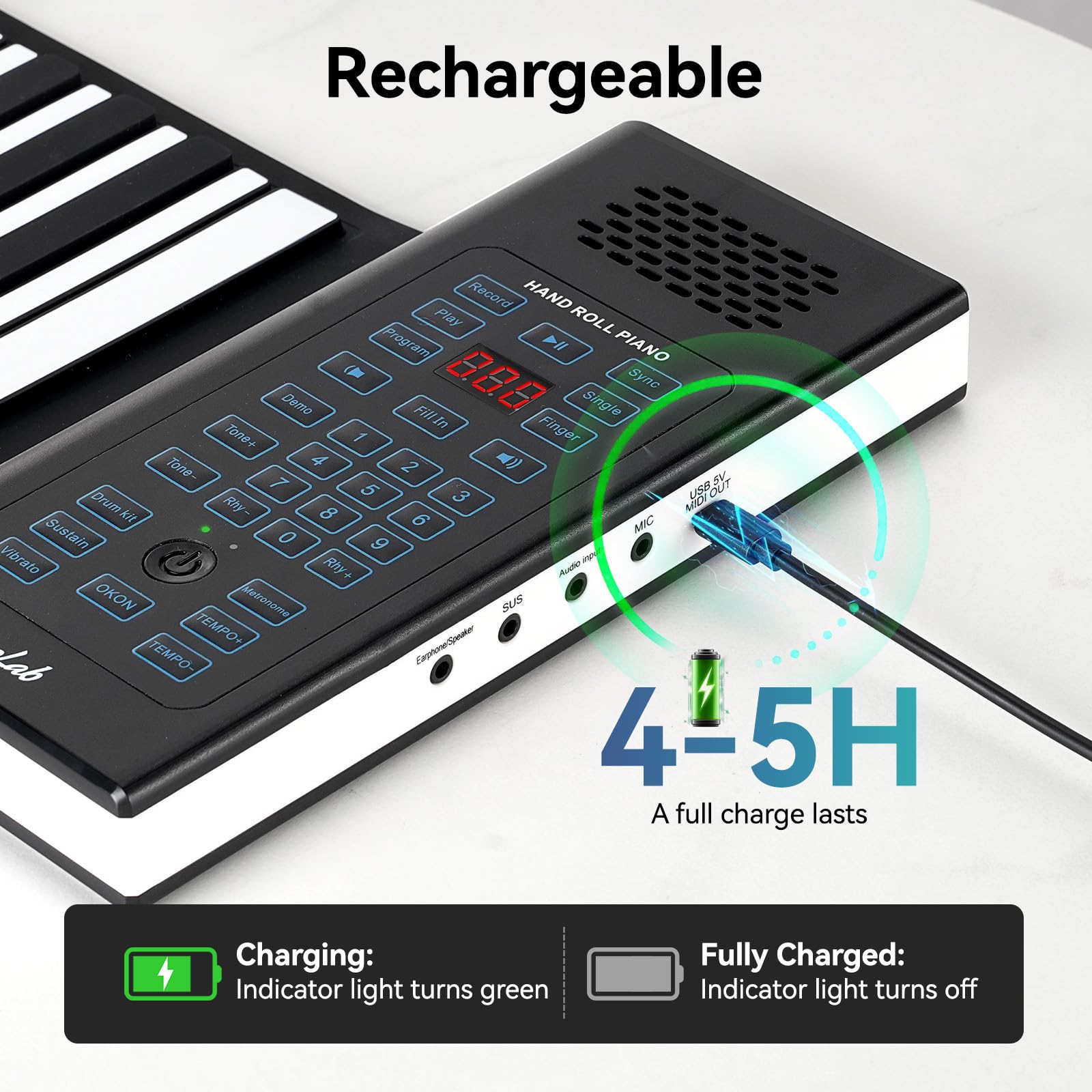 Pianoforte a tastiera arrotolabile POGOLAB a 88 tasti, pianoforte arrotolabile ricaricabile con 20 demo/128 toni/128 ritmi/jack per cuffie/Bluetooth/batteria, pianoforte a mano pieghevole da viaggio