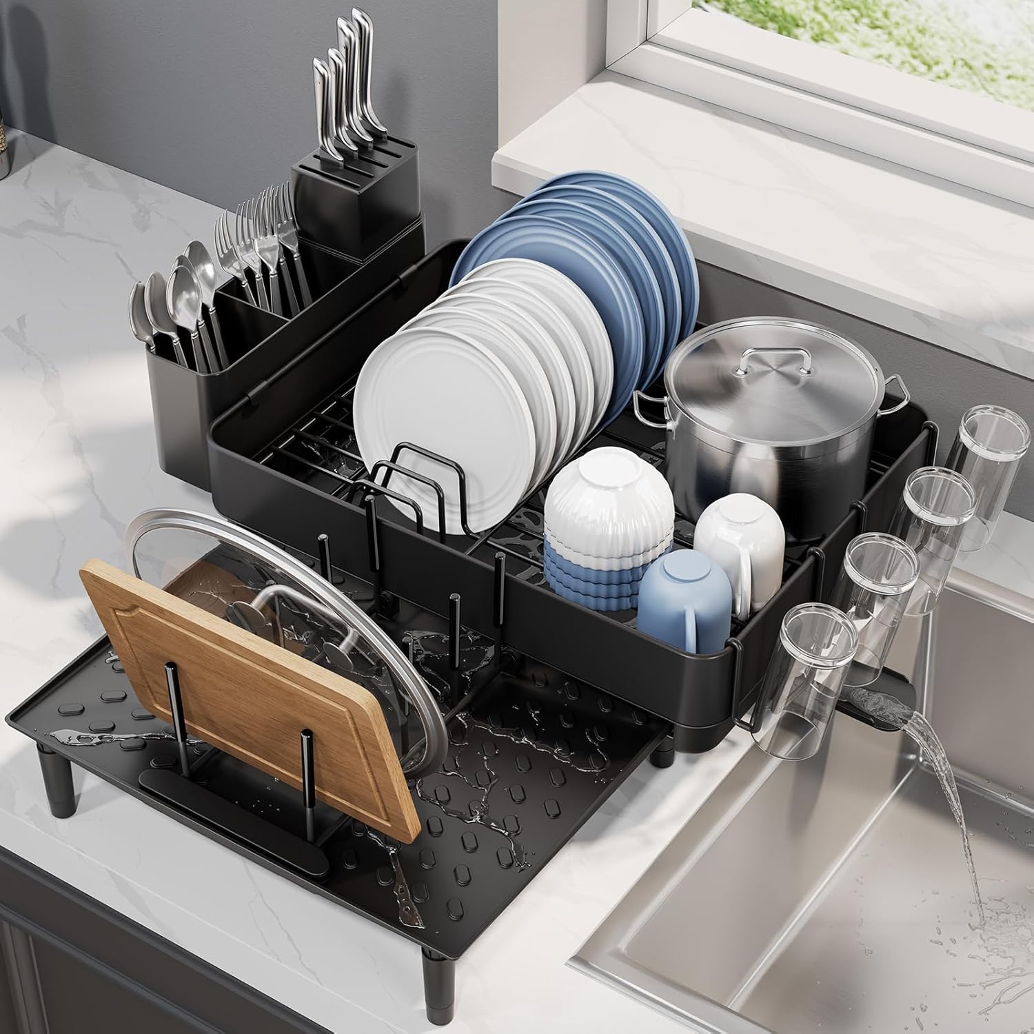 Expandable Dish Rack with Drainboard - Stainless Steel Dish Drainer with Removable Cutlery Tray, Foldable Cup Holder, Elevated Feet, Multifunctional Drainboard for Sink Countertop Kitchen Storage
