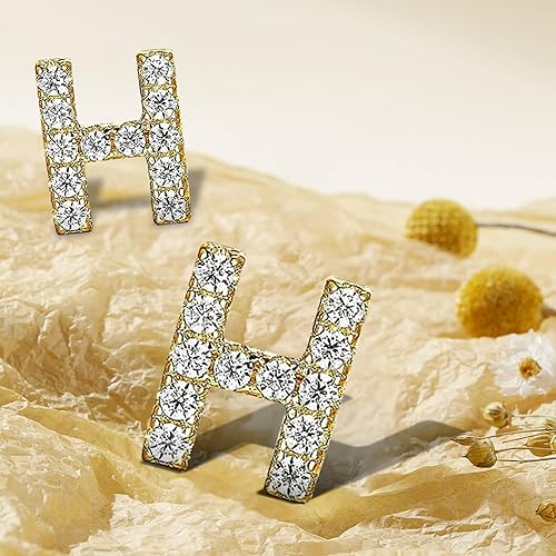 Miniatura 6 de Letter M Initial Stud Earrings for Girls, 14K Gold Plated Sterling Silver Alphabet Letter Earrings, Post CZ Stud Earrings, Hypoallergenic Earrings