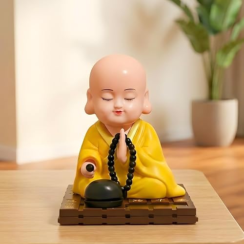 sculpmart Solar Buddha Moving Head & Hand for Car Dashboard | Home Decor | Office Desk & Gifting - Solar Powered Motion with Auto ON/Off with Light (Yellow)