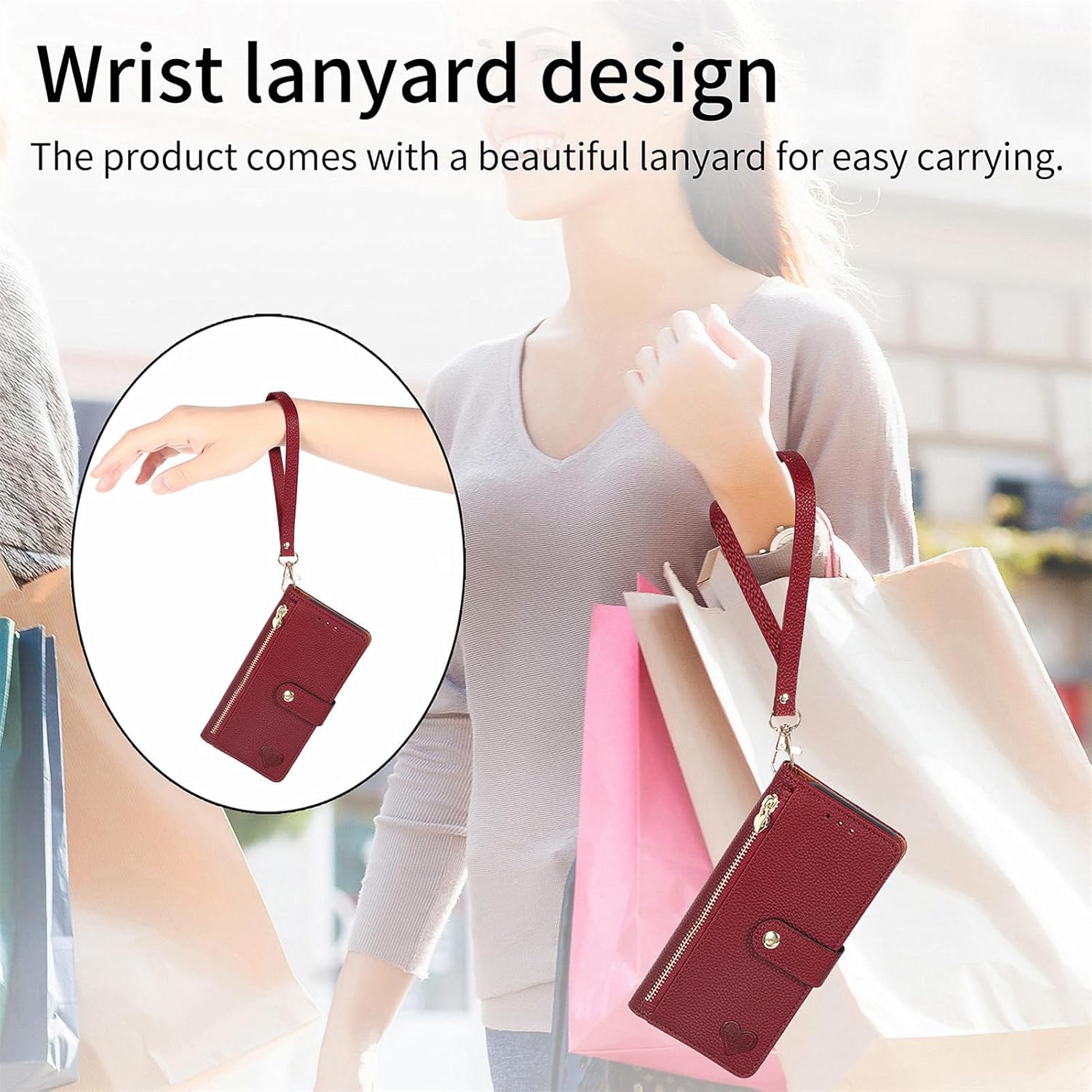 Wallet Case for Samsung Galaxy A06 5G Zipper Pocket Purse with Shoulder Wrist Strap, PU Leather Stand Flip Folio Card Holder Accessories Cell Phone Cover for Ao6 A 06 4G LTE Women Girls Red