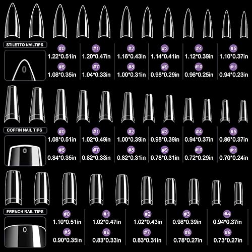 Miniatura 2 de krofaue Kit de 3 estilos de puntas de uñas postizas  340 piezas de puntas de uñas transparentes estilo ataúd, uñas francesas de aguja de media